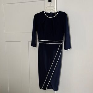Navy Midi Sheath Dress with White Piping